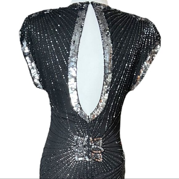 NWT Vintage BlackBeaded Long Evening Gown Cap Drape Sleeve Shoulder Pads Size 4 - Picture 5 of 16